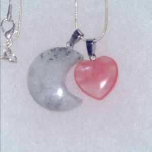 Boho natural Rainbow Moonstone Moon and Cherry Quartz Crystal Heart Sterl…